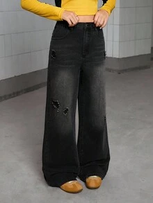 Quần jeans ống đứng rách ống rộng màu đen và xám mới giặt cho bé gái tuổi teen, quần ống rộng thời trang thường ngày, đa năng và ôm sát, thích hợp mặc ngoài trời - màu đen - Xem 5