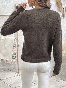 EMERY ROSE Women's V-Neck Batwing Long Sleeve Casual Sweater With Metal Decor, Autumn/Winter - Coffee Brown - View 2