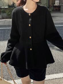 FRIFUL Women's Round Neck Metal Button Decor Ruffle Hem Patchwork Regular Jacket Women Coats - Black - View 2