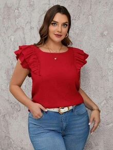 SHEIN Clasi 大尺碼夏季休閒雙層蝴蝶袖上衣，後續裝飾為蝴蝶結 - 紅色 - 查看 5