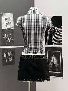 StreetHx Blue Plaid Cap Sleeve Fitted Shirt For Women - Black - View 2