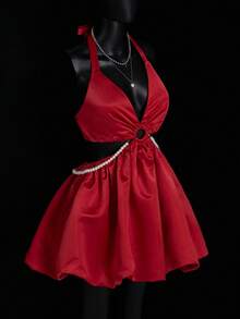 SHEIN ICON Women's Red Pearl Decor Backless Halter Mini Dress, Red - Red - View 4