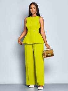SOLERSUN 2pcs/Set Minimalist Solid Color Sleeveless Top And Wide Leg Pants Suit, Commuting - Green - View 3