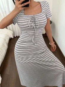 Dream Adore 女式休闲条纹针织褶饰方领长裙家居服夏装女式夏装条纹休闲裙女式条纹裙休闲裙 - 淺灰色 - 查看 5