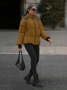 EURMUSE Hooded Zipper Detailed Contrast Rib Cuff Quilted Women's Casual Puffer Down Jacket - Brown - View 3