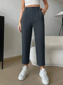 SHEIN LUNE 灰色斜口袋七分西装裤 - 深灰色 - 查看 1
