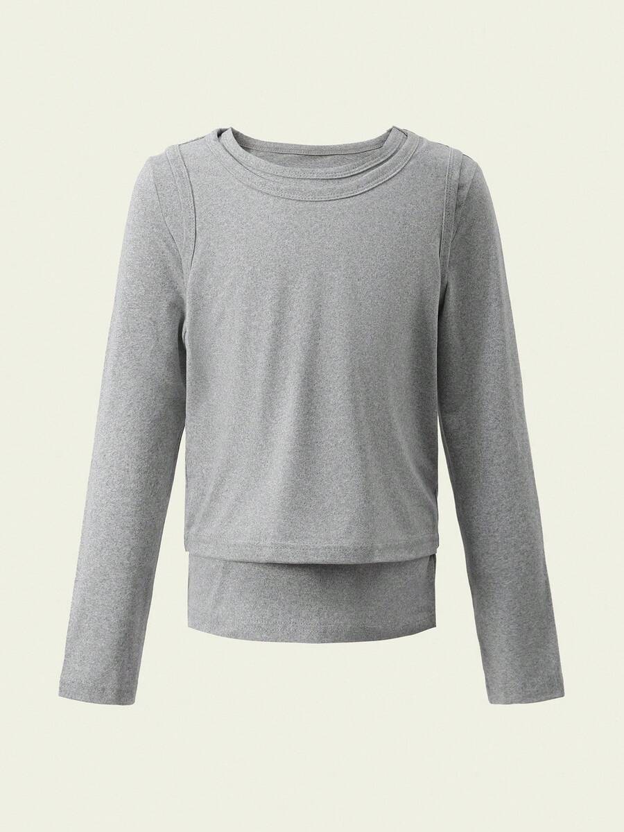 Set de 2 piezas de camiseta de manga larga y camiseta de tirantes de unicolor, suave y cómoda como capa base para niñas - Gris - Ver 1