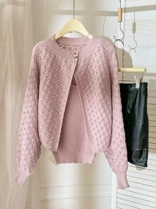 Modelyn 女式纯色简约长袖毛衣和吊带背心两件套，适合日常穿着的秋冬服装 - 藍色 - 查看 5