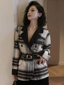 DAZY Women's Casual Plaid Long Sleeve Blazer Jacket, Autumn Business Attire School - Black - View 7