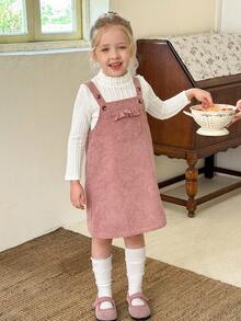 LMoss Kids 2pcs/Set Young Girl Solid Color Knit Stand Collar T-Shirt And Woven Suspender Dress - Multicolor - View 4