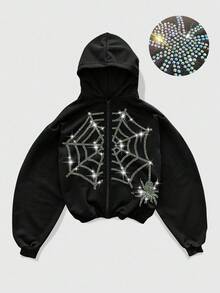 ROMWE MEN Street Life Men's Rhinestone Embellished Hooded Casual Zip-Up Spider Web Sweatshirt, Fall - Black - View 1