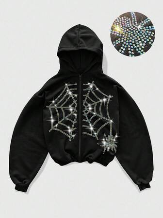 Goth Sudadera con capucha casual con cremallera y adornos de rhinestone para hombres, otoño