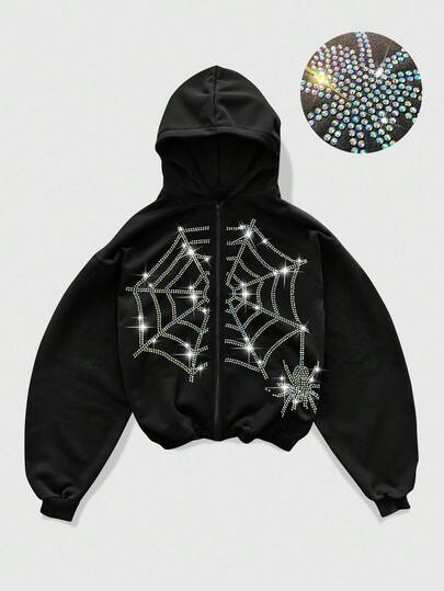 Goth Sudadera con capucha casual con cremallera y adornos de rhinestone para hombres, otoño