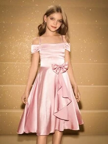 女孩优雅奢华粉色圆领蝴蝶结前中长款派对礼服，适合晚会、婚礼、花童、节日、生日、返校、毕业典礼、圣诞节、万圣节等场合 - 粉色 - 查看 6