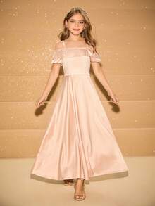 女孩优雅奢华香槟色无袖露肩长裙，适合晚会、宴会、婚礼、花童、舞会、圣诞节、万圣节等场合 - 香檳色 - 查看 7