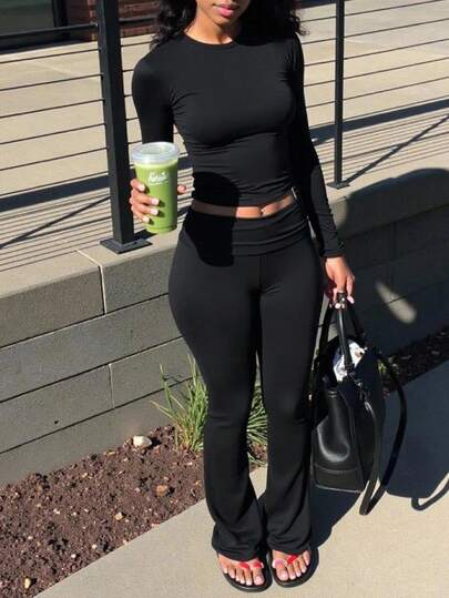 INAWLY Ensemble 2 pièces décontracté pour femmes, composé d'un t-shirt à manches longues col rond de couleur unie et d'un pantalon évasé