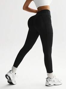 SHEIN Sports Women's Solid Color High Waist Pocket Tummy Control Leggings Yoga Leggings High Waist Yoga Leggings - Black - View 3