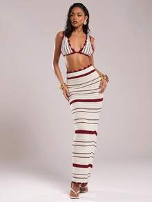 SHEIN BAE 女式条纹印花修身休闲时尚毛衣裙 - 酒紅色 - 查看 6