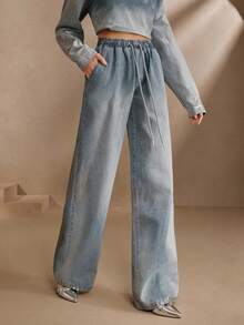 Anewsta New Women's Valentine's Day Printed Elastic Waistband Straight Leg Jeans - Blue - View 7