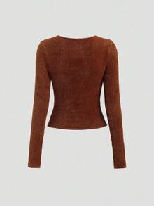 Sweetra Nouveau pull en fausse fourrure de vison à taille cintrée, décolleté en V avec décoration métallique, sexy et urbaine, couleur caramel, automne/hiver