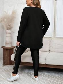 SHEIN LUNE Conjunto de 2 piezas de camiseta de manga larga y pantalones de yoga con estampado de leopardo y corazón brillante para mujer talla grande, adecuado para otoño/invierno