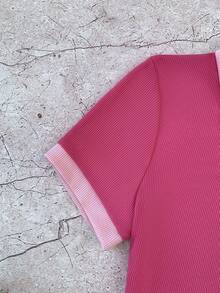 少女玫瑰红和粉色休闲个性撞色领罗纹针织纽扣修身连衣裙，夏季连衣裙，蝴蝶刺绣粉色连衣裙学院风连衣裙 T 恤连衣裙 Polo 衫连衣裙粉色 Polo 衫连衣裙