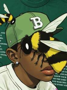 ROMWE MEN Street Life Men's Loose Dropped Shoulder Short Style Printed T-Shirt - Dark Green - View 4