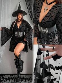 Whyspr Grunge Punk Halloween Y2K Dark Gothic Style Bat Cross Flocked Print Sexy Mini Skirt Dress, Long Sleeve Punk Abby Culture Sheer Overlay Dress For Women - Black - View 1