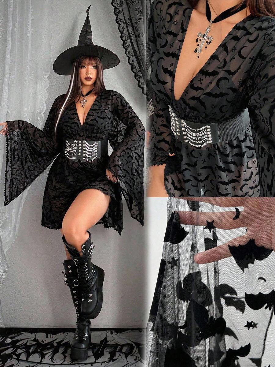 Whyspr Grunge Punk Halloween Y2K Dark Gothic Style Bat Cross Flocked Print Sexy Mini Skirt Dress, Long Sleeve Punk Abby Culture Sheer Overlay Dress For Women - Black - View 1