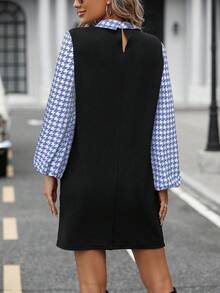 EMERY ROSE 女式千鸟格拼接长袖休闲连衣裙 - 灰色 - 查看 2