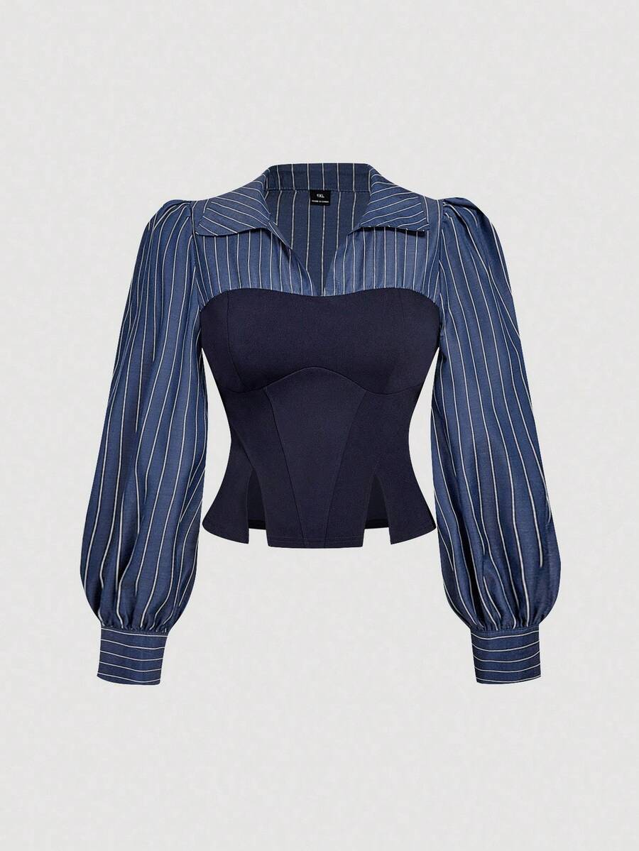 SHEIN MOD Plus Size Navy Blue Contrast Striped Patchwork Asymmetric Hem Split Crop Top Shirt/Fall/Winter