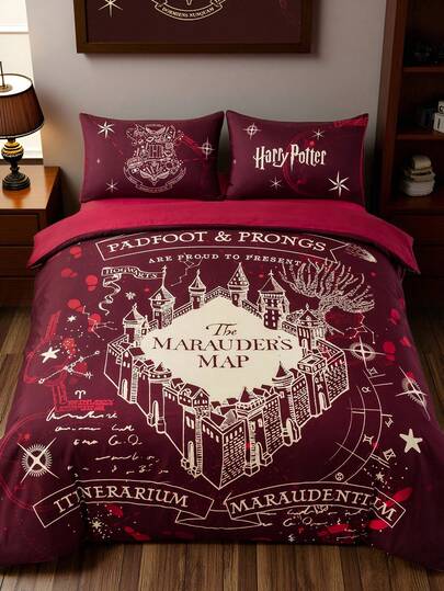 HARRY POTTER X SHEIN 3pcs Marauder's Map Print Bedding Set, Brushed Material, Soft & Warm, Red Duvet Cover, Suitable For Twin/Full/Queen/King Size Bed