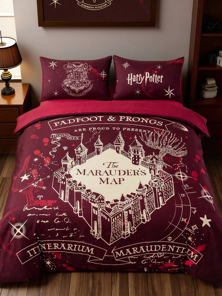 HARRY POTTER X SHEIN 3pcs Marauder's Map Print Bedding Set, Brushed Material, Soft & Warm, Red Duvet Cover, Suitable For Twin/Full/Queen/King Size Bed