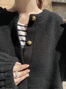 FRIFUL Women's Round Neck Metal Button Decor Ruffle Hem Patchwork Regular Jacket Women Coats - Black - View 6