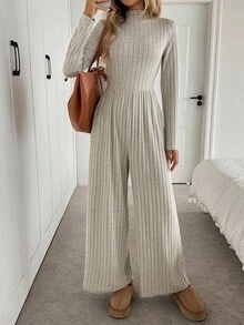 Easowa 高领斜口袋修身腰长袖阔腿连体裤，罗纹纹理面料，休闲优雅办公室装，女士秋冬装 - 卡其色 - 查看 7
