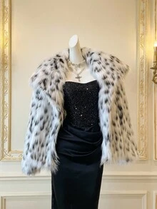 SHEIN MOD 女式冬季仿毛领长袖时尚黑白豹纹夹克 - 黑與白 - 查看 4