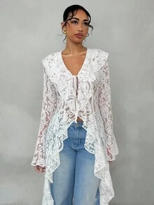 Glamine Spring & Summer Romantic Vacation Ruffled Elegant Lace See-Through Women's Long Thin Coat,Vacation Outfits Woman Summer Tops ,Summer Outfits For Women Business Casual Woman,White Cardigan Women, Lace Top Women Tops Summer Boho Outfits Women Fall Winter Cloth For Women