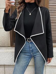 EMERY ROSE 女士时尚优雅撞色镶边长袖大衣 - 黑與白 - 查看 4