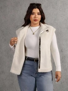 Elaquor Plus Size Women Casual Minimalist All-Match Versatile Urban Relaxed Faux Suede Sherpa Colorblock Jacket, Autumn/Winter Plus Size Jackets Plus Size Vest Plus Size Winter Clothes Plus Size Fall Clothing Zip Up Vest - Apricot - View 8