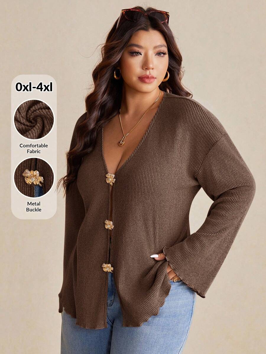 Elaquor Plus Size Pearl Button Deep V-Neck Long-Sleeved Knitted Coat Clothing Cardigans Brown Sweaters Curve Cardigan Earthy Size/Spring Fall