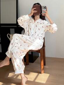 DAZY 熊印花全身插肩袖宽松女式睡衣连体裤，秋季 - 白色 - 查看 7