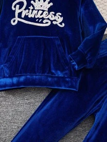 SHEIN Elladie kids 2件套女童休闲运动舒适长袖连帽服装，秋季 - 藏蓝色 - 查看 6