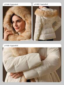 Anewsta 女式纯色仿毛领长袖夹棉大衣 - 米色 - 查看 4