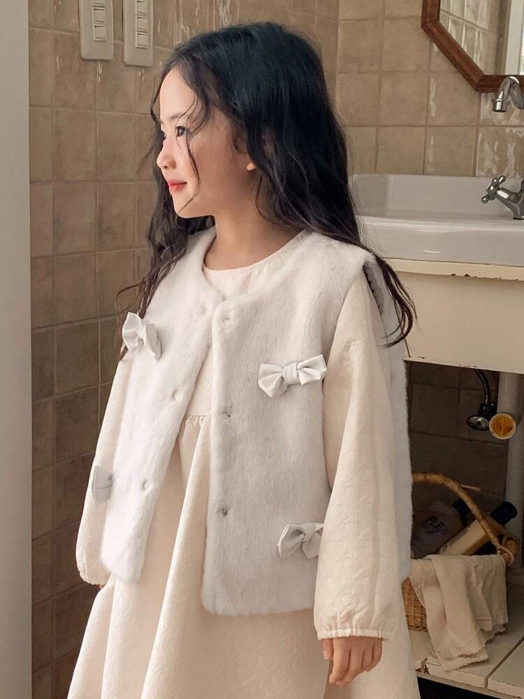 Young Girl Cute Bow Decor Vest Jacket