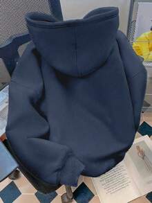 Flirla Plus Size Letter Graphic Pocket Drop Shoulder Sweatshirt - Navy Blue - View 2