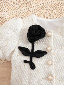 SHEIN 年轻女孩优雅白色粗花呢3D花卉泡泡袖夹克和裙子套装 - 白色 - 查看 4