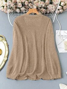 SHEIN LUNE Plus Size Women's Solid Color Knitted V-Neck Daisy Embroidered Single-Breasted Lantern Sleeve Casual Cardigan Sweater, Autumn/Winter