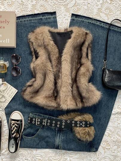 SHEIN EZwear 冬季女式仿皮草无袖时尚夹克
