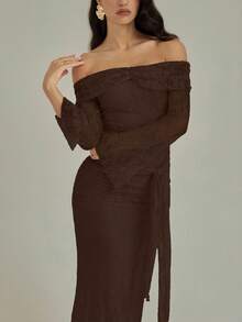 Modelyn Đầm dài tay trễ vai thời trang đi nghỉ thường ngày cho nữ - màu nâu - Xem 5