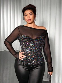 Cravure Áo thun tay dài lưới trong suốt đính sequin nhiều màu sắc thời trang mới dành cho nữ - Nhiều màu - Xem 5